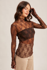 black coffee mock neck lace top