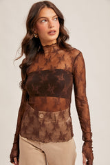 black coffee mock neck lace top