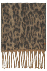 Woven Leopard Pattern Print with Fringe Scarf: Brown
