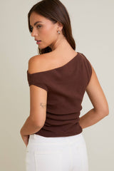 on the daily asymmetrical boat neck top- brown
