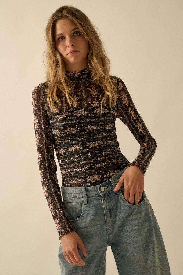 coachella mesh ruched mock-neck bodysuit