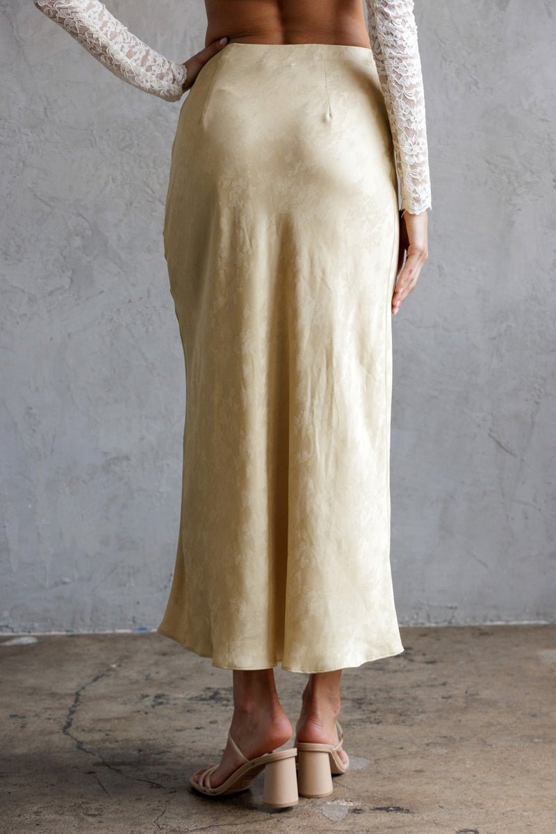 honey mustard satin midi skirt