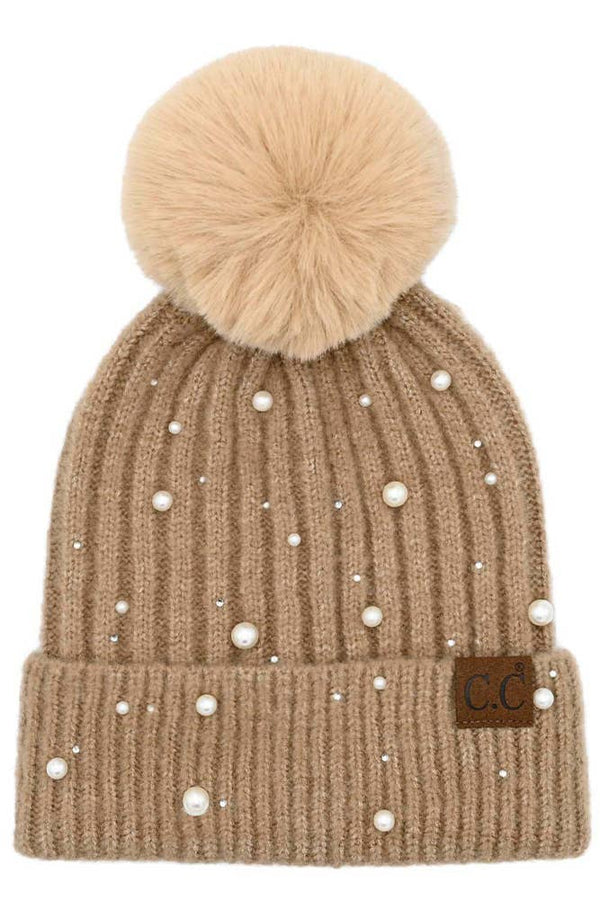 pearl beanie with faux fur pom: camel