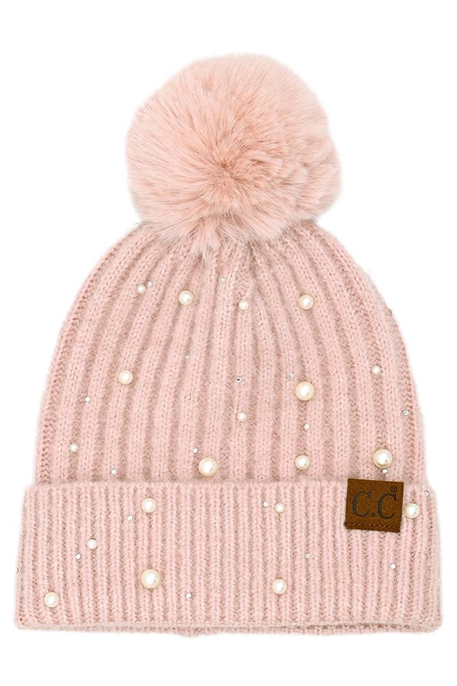 pearl beanie with faux fur pom: rose