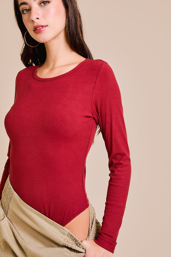 long sleeve burgundy ribbed bodysuit