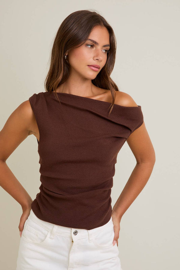 on the daily asymmetrical boat neck top- brown