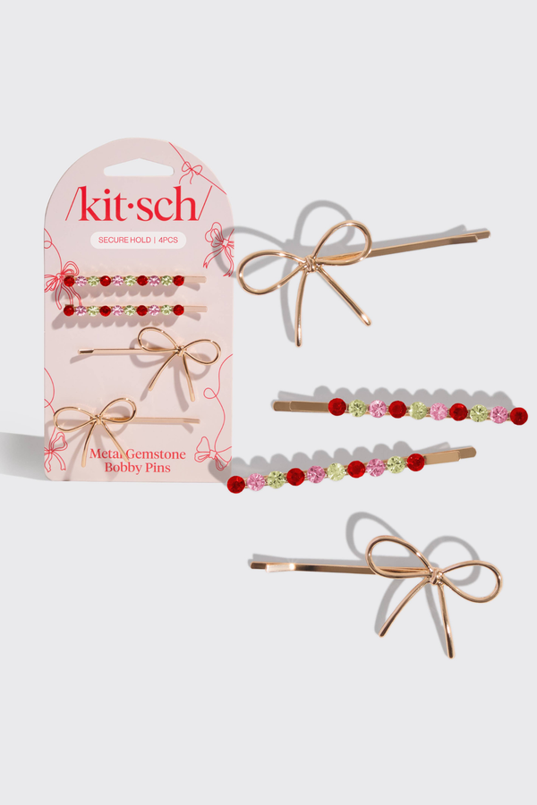Kitsch Holiday Gemstone and Bow Bobby Pins 4pc Set