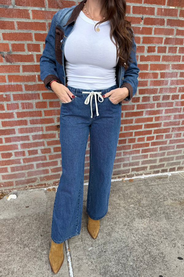 effortless drawstring wide leg denim pants