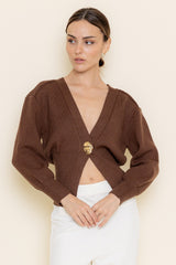 chic gold button cardigan - chocolate