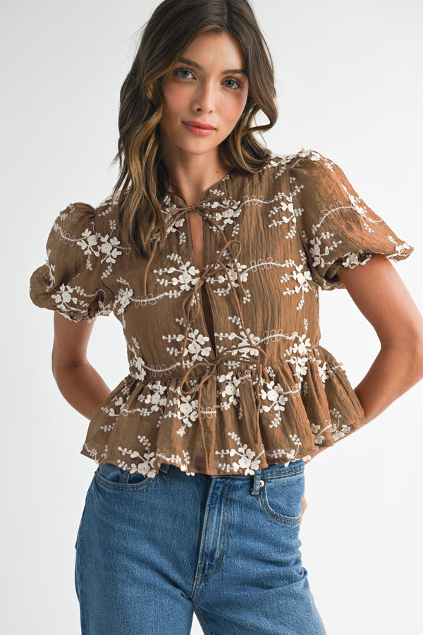 tiger's eye embroidered peplum top