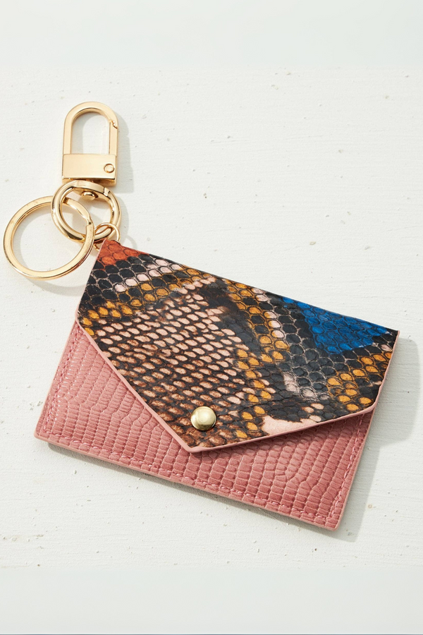 Two Tone Snakeskin Card Holder Key Chain - Pink