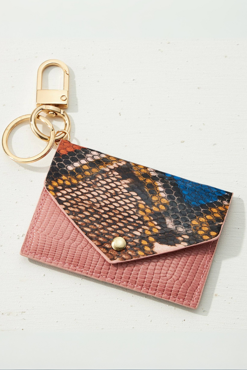 Two Tone Snakeskin Card Holder Key Chain - Pink