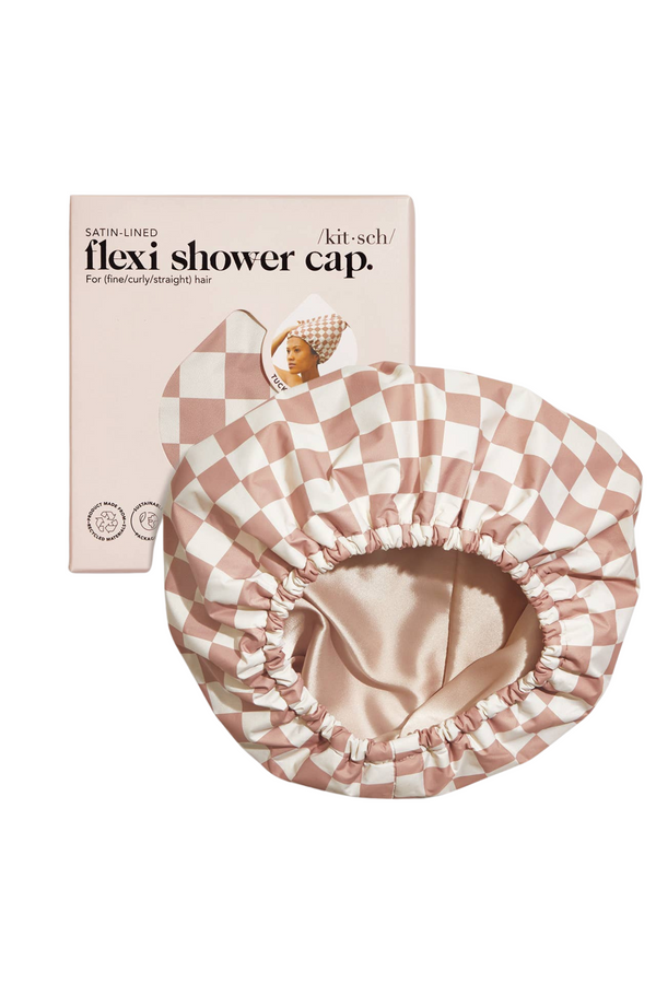 Satin Lined Flexi Shower Cap - Terracotta Checker