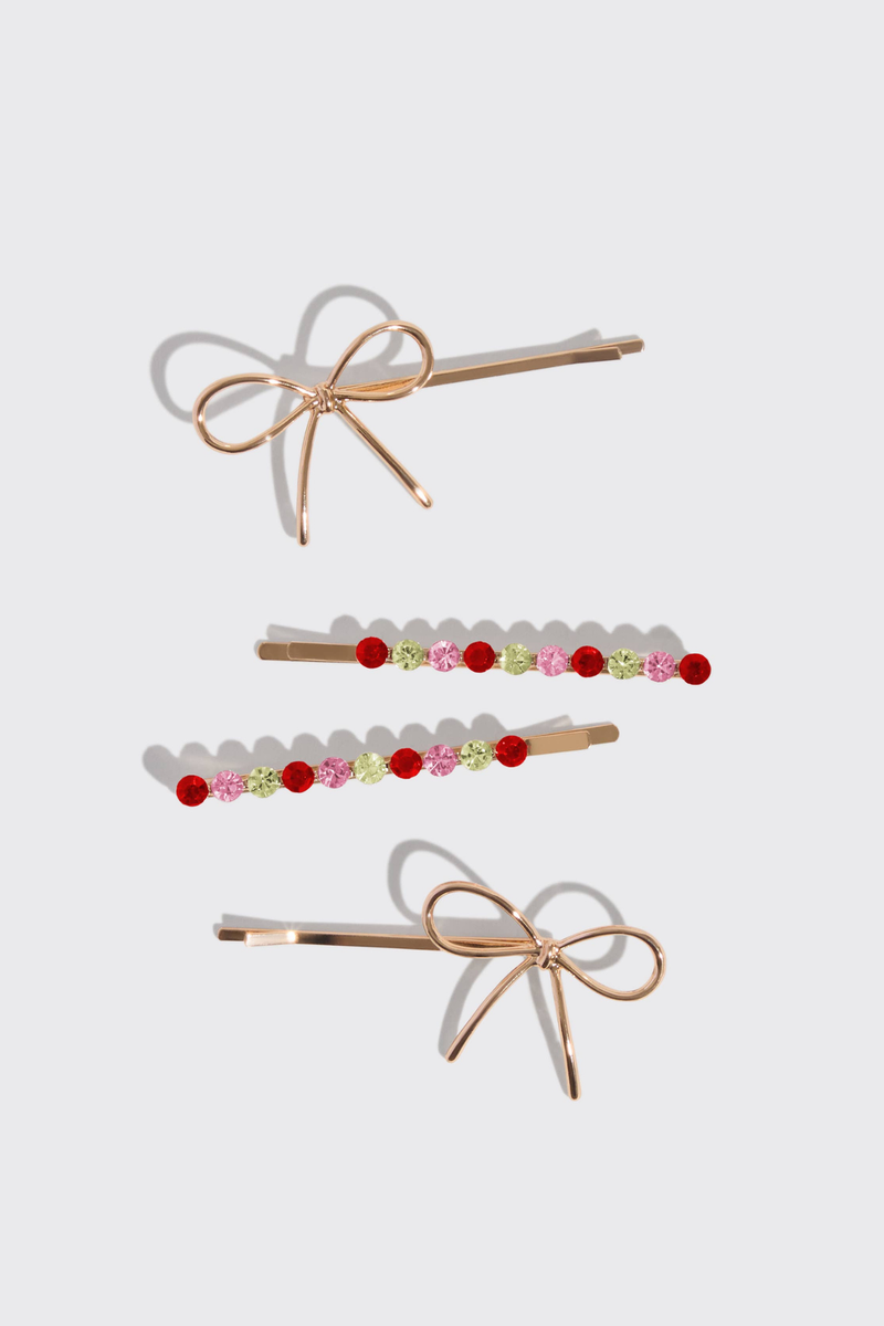 Kitsch Holiday Gemstone and Bow Bobby Pins 4pc Set