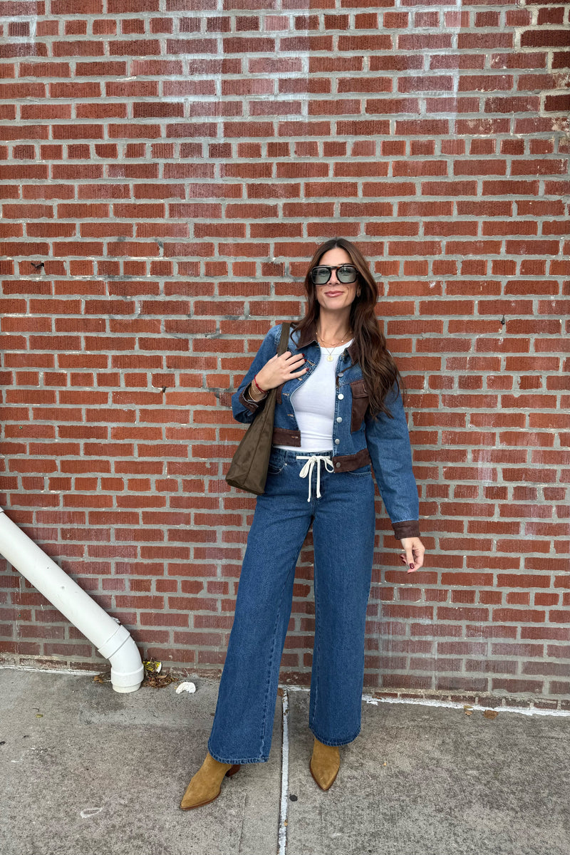 effortless drawstring wide leg denim pants