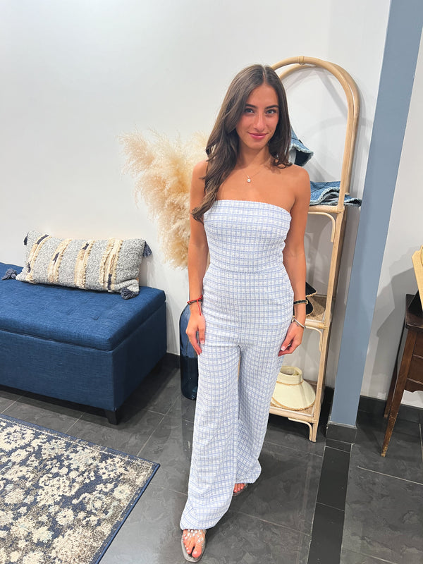 baby blue strapless jumpsuit