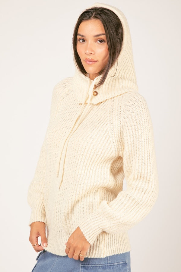 bundled up cream knit hoodie