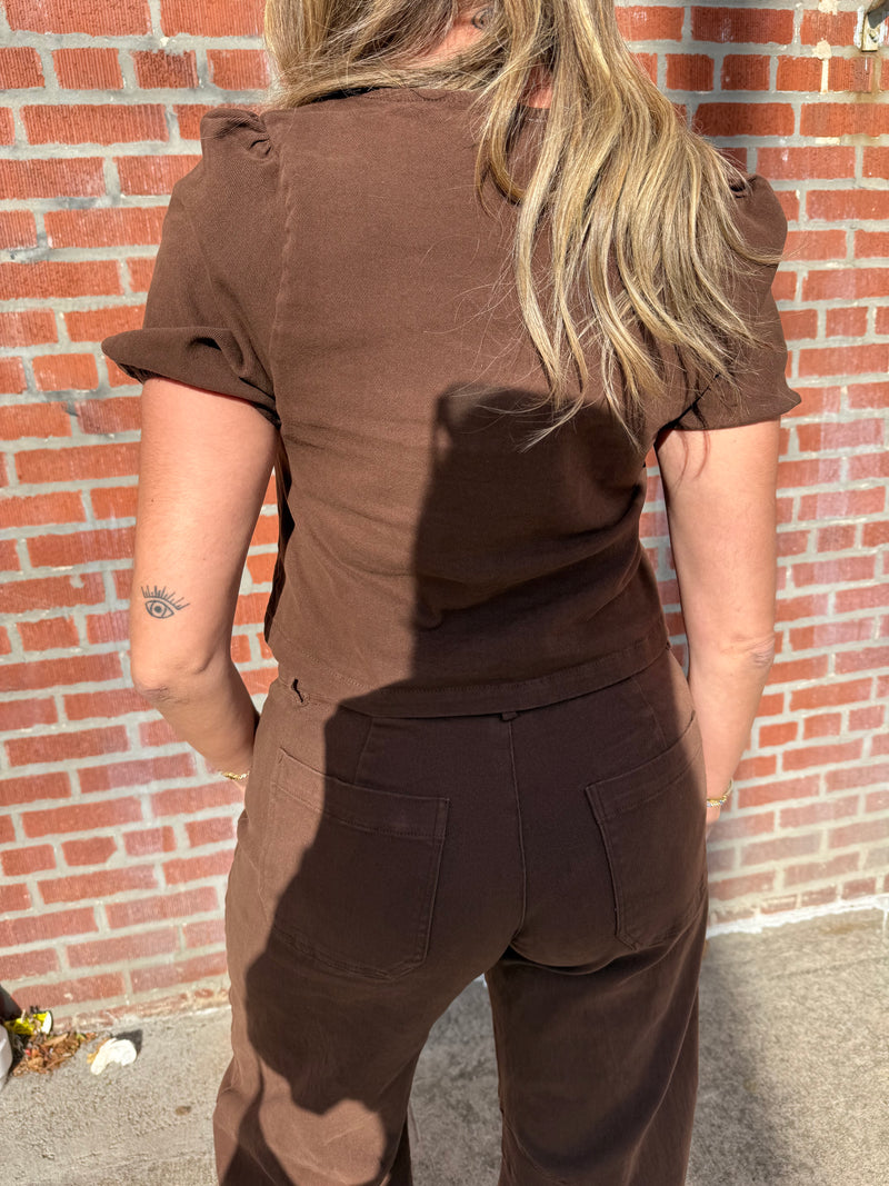yellow stone brown tie blouse