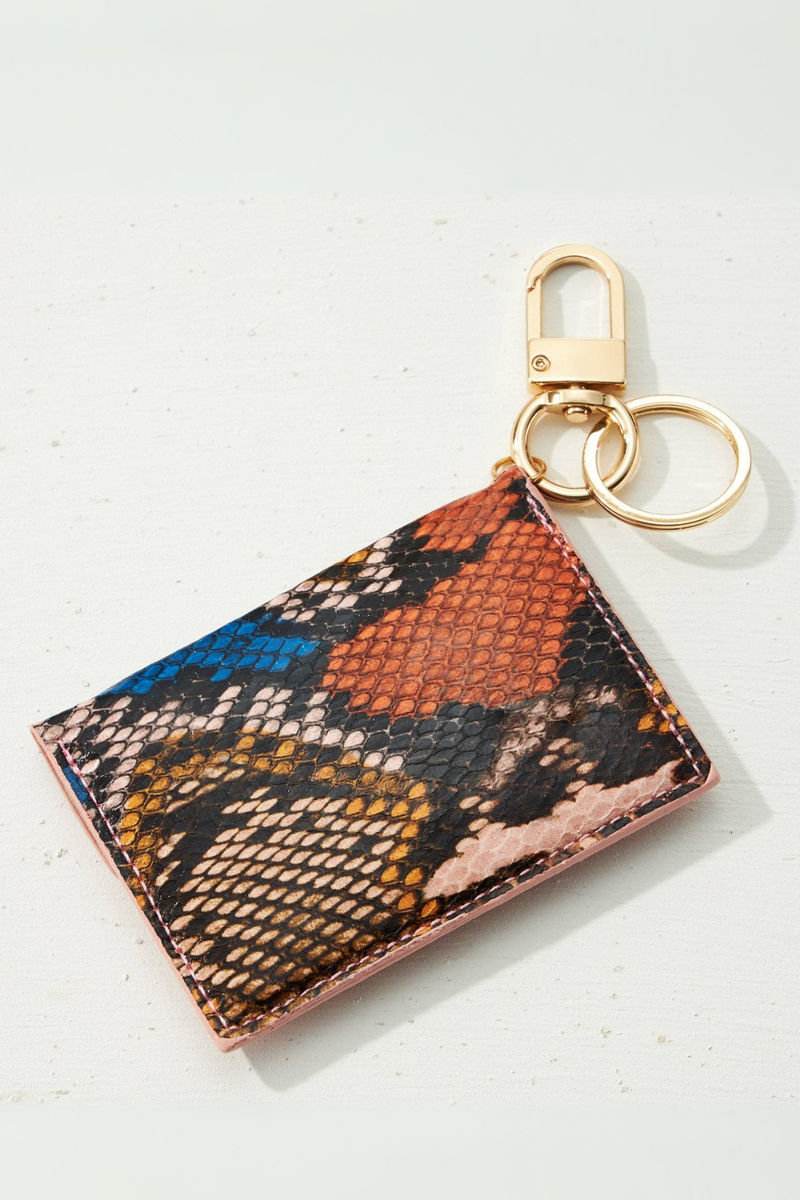 Two Tone Snakeskin Card Holder Key Chain - Pink
