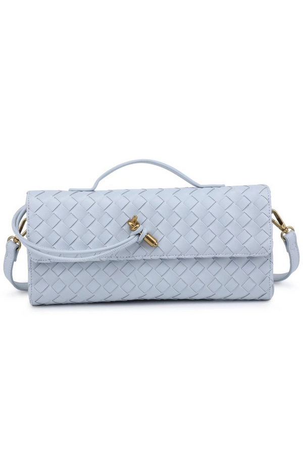 ice blue woven top handle crossbody bag