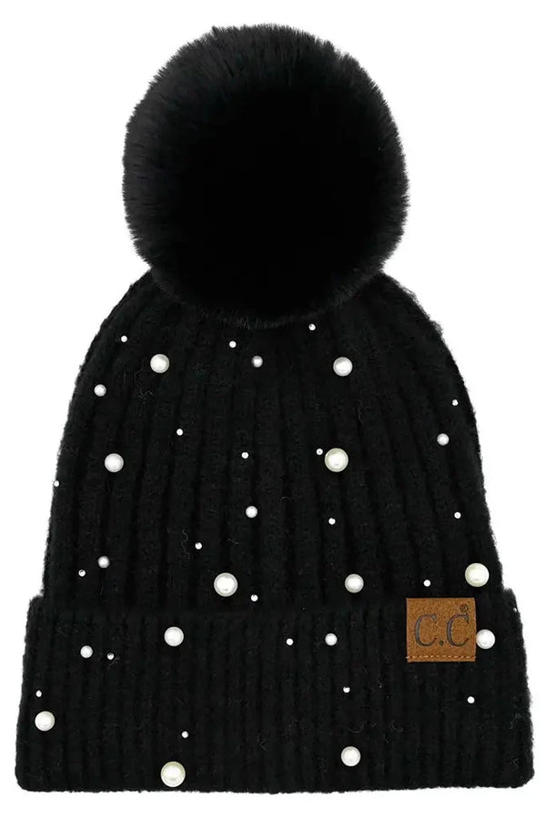 pearl beanie with faux fur pom: black