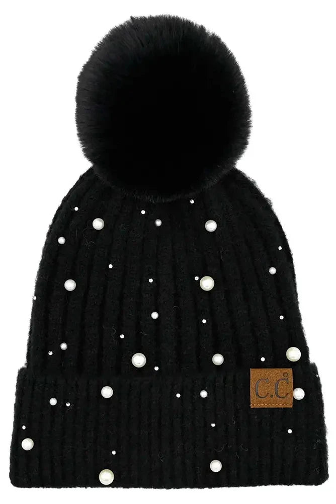 pearl beanie with faux fur pom: black