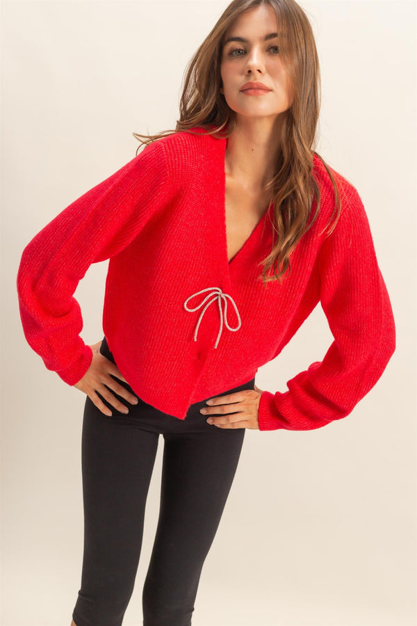 holiday holly bow sweater - red