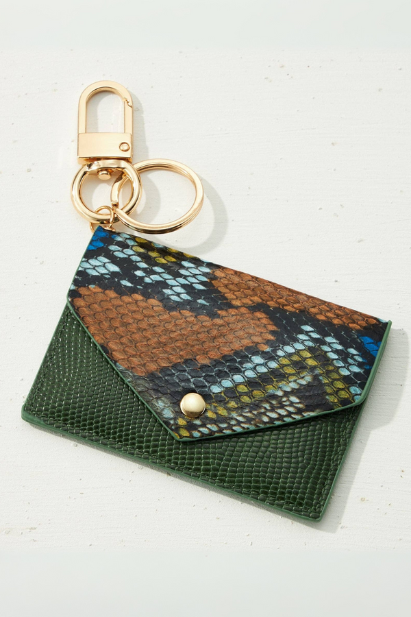 Two Tone Snake Skin Card Holder Key Chain- Green