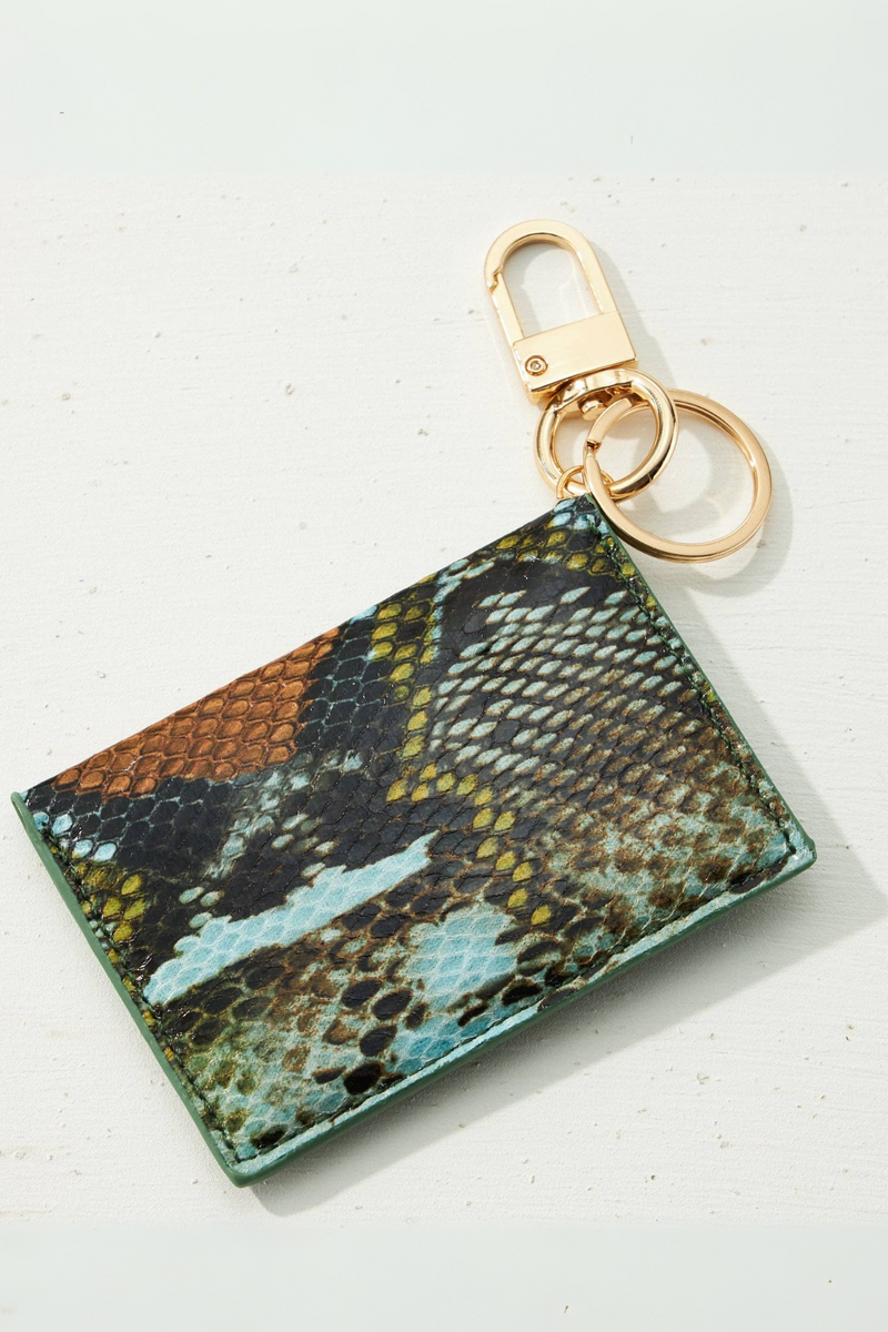 Two Tone Snake Skin Card Holder Key Chain- Green