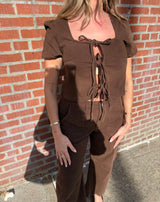 yellow stone brown tie blouse