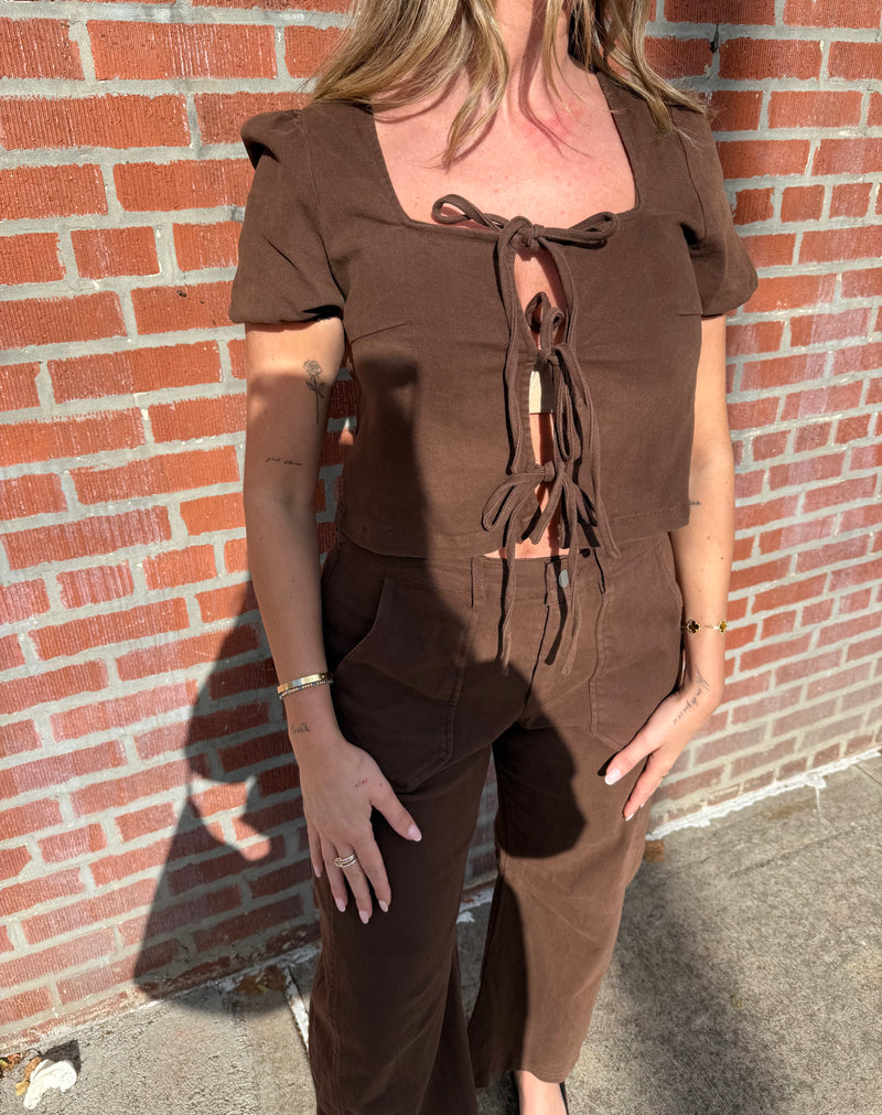 yellow stone brown tie blouse