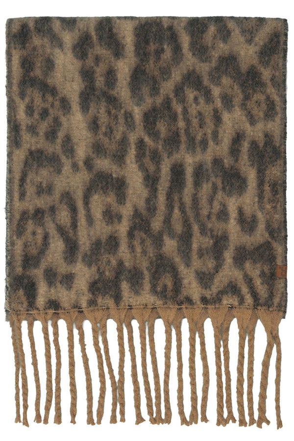 Woven Leopard Pattern Print with Fringe Scarf: Brown