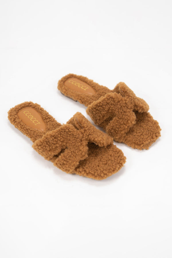 cozy tan sherpa sandals