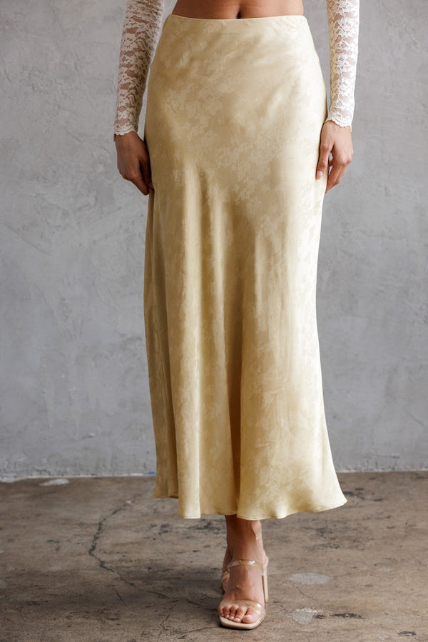 honey mustard satin midi skirt