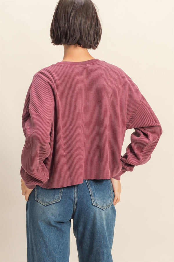 waffle knit long sleeve top - dark cherry