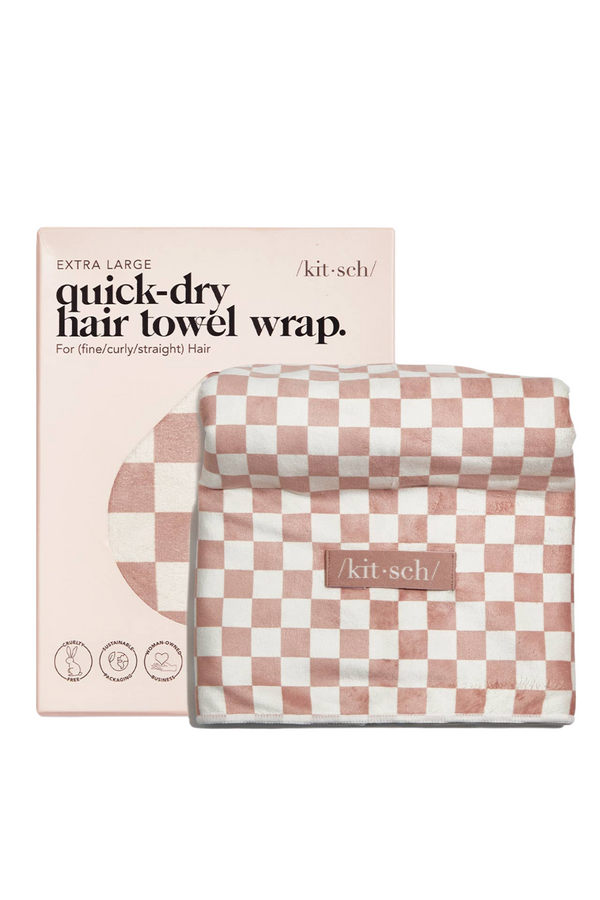 Extra Large Quick-Dry Hair Towel Wrap- Terracotta Checker