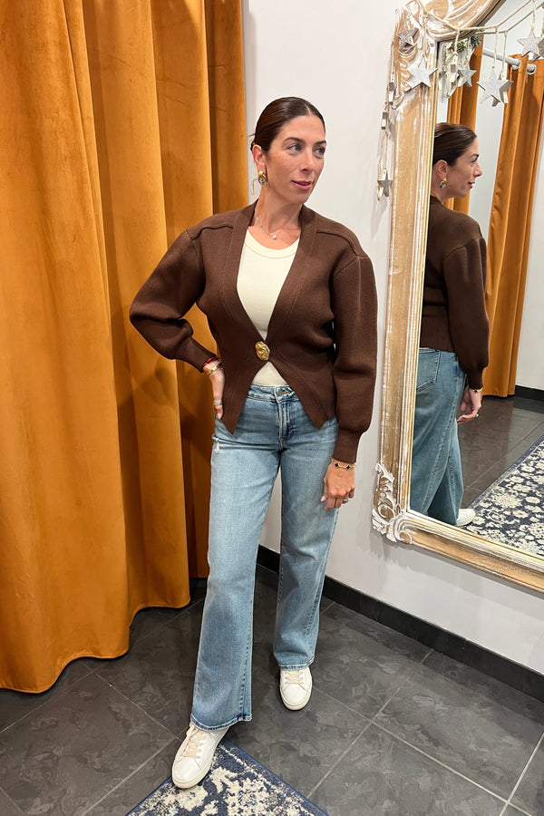 chic gold button cardigan - chocolate
