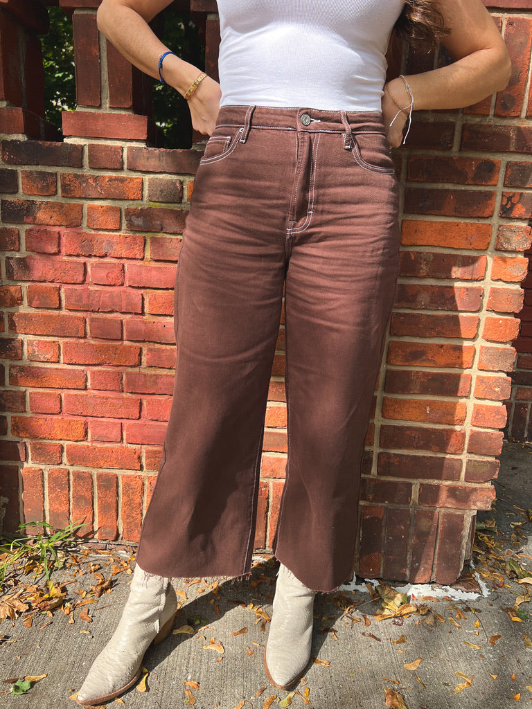 chocolate pipping wide leg jeans