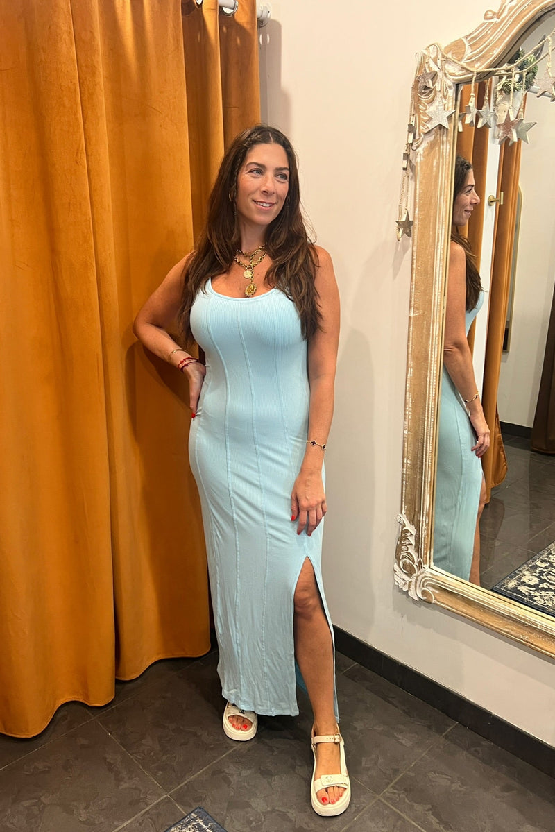 that girl summer blue ribbed maxi dress