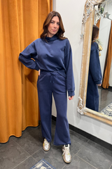 deep denim wide leg pants