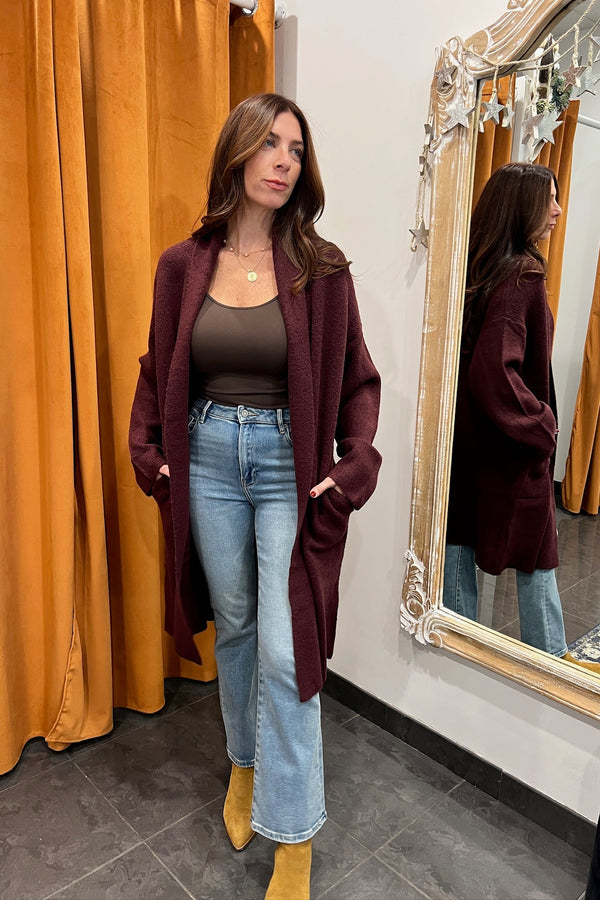 bookworm open front cardigan - dark cherry