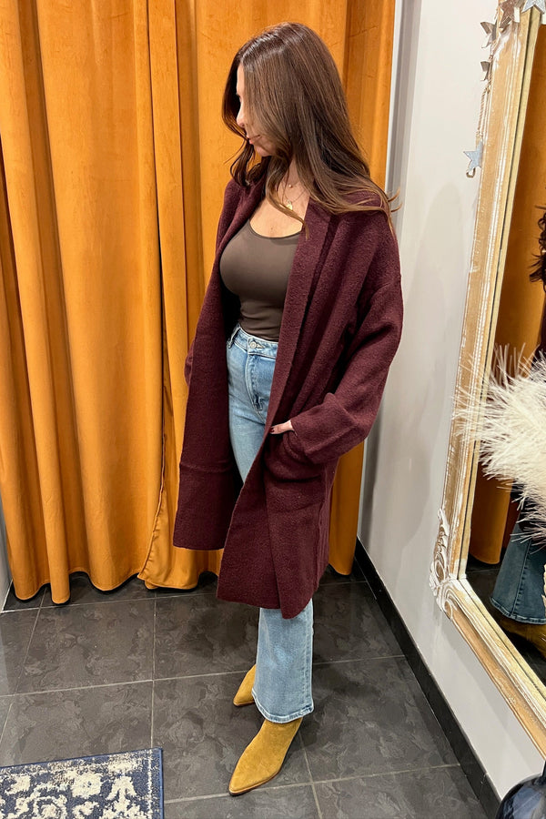 bookworm open front cardigan - dark cherry