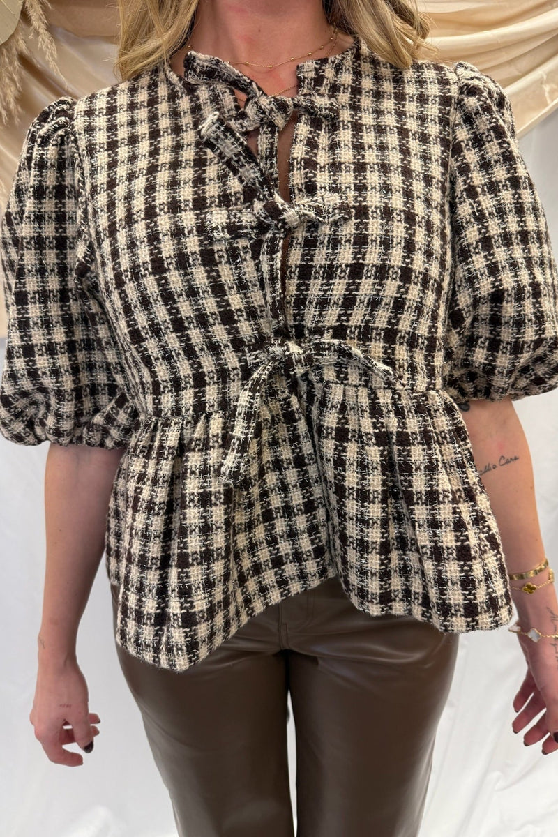 andromeda gingham front tie blouse