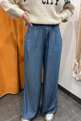 dark denim tencel wide leg trousers