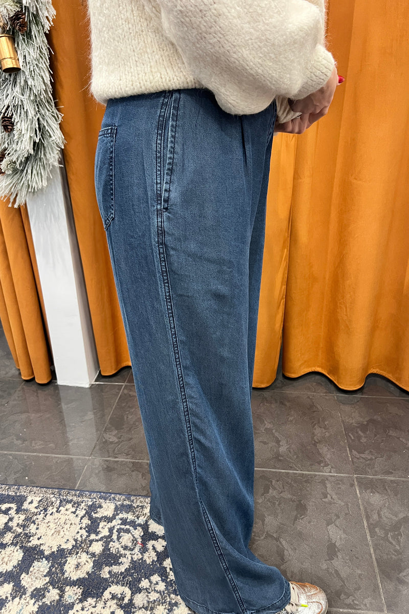 dark denim tencel wide leg trousers