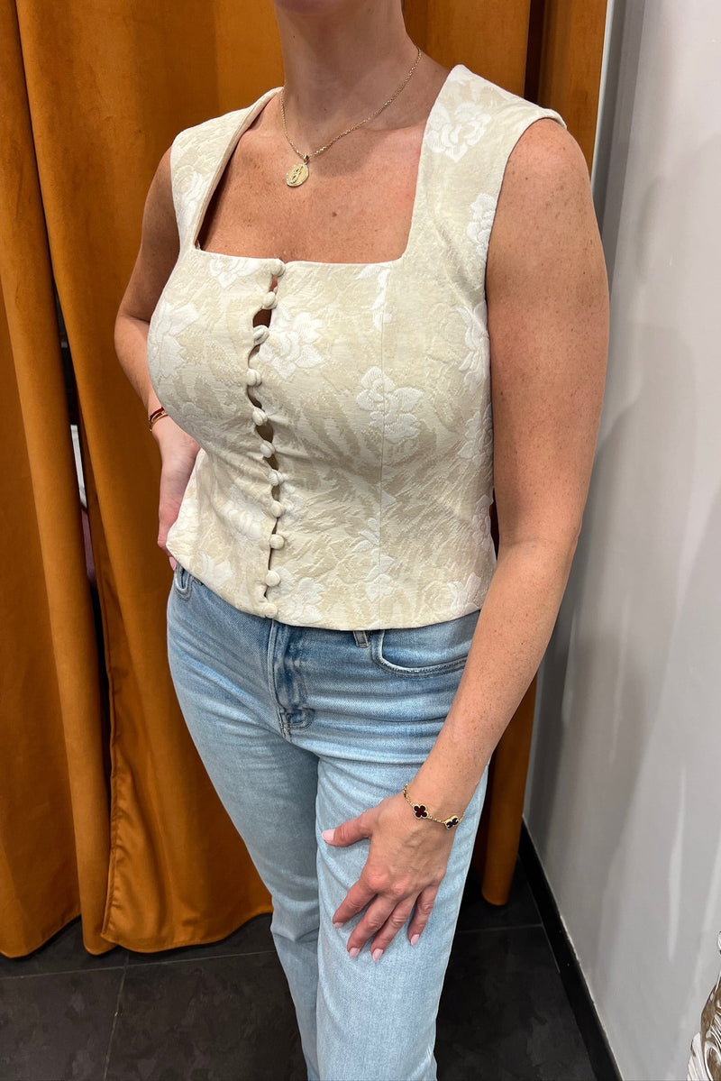 so romantic floral jacquard button-front corset top