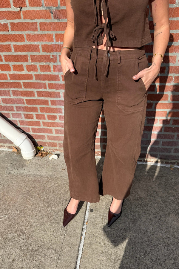yellow stone brown mid-rise barrel pant