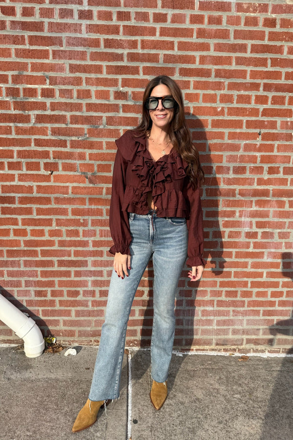 brown rancher ruffle blouse