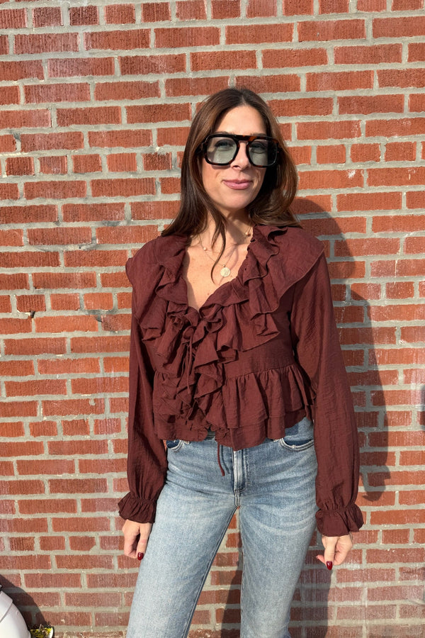 brown rancher ruffle blouse