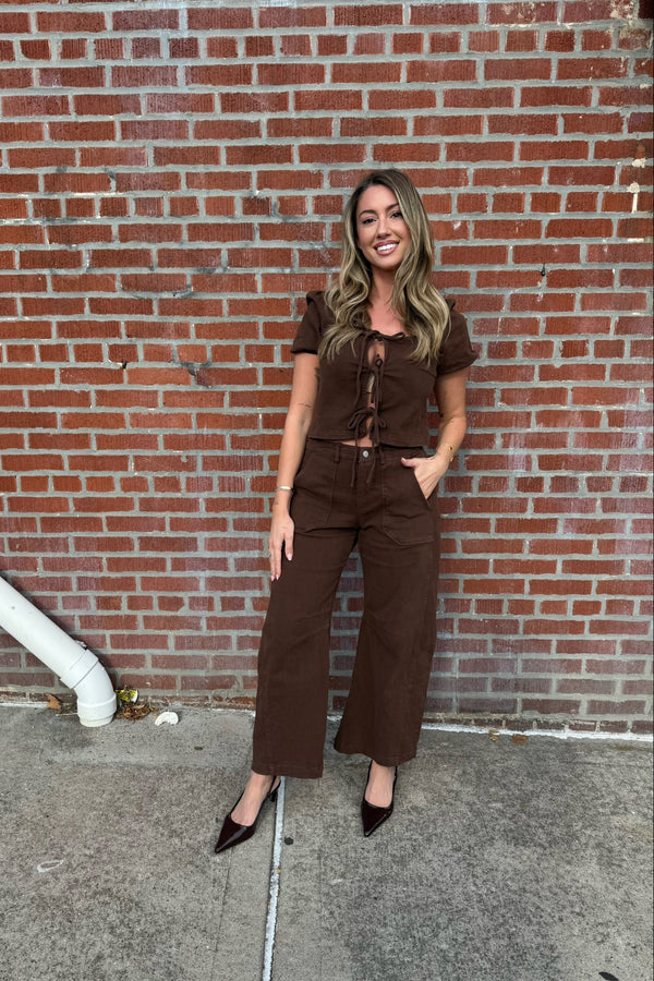 yellow stone brown mid-rise barrel pant
